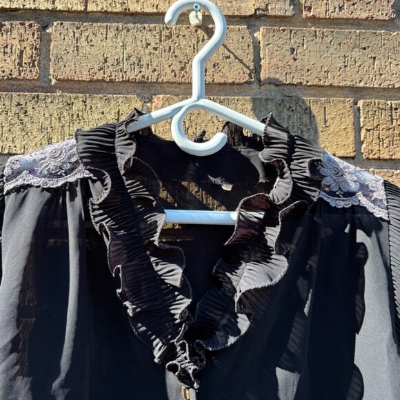 Vintage Black Ruffle Blouse with Lace Shoulder Detail - Picture 2 of 4